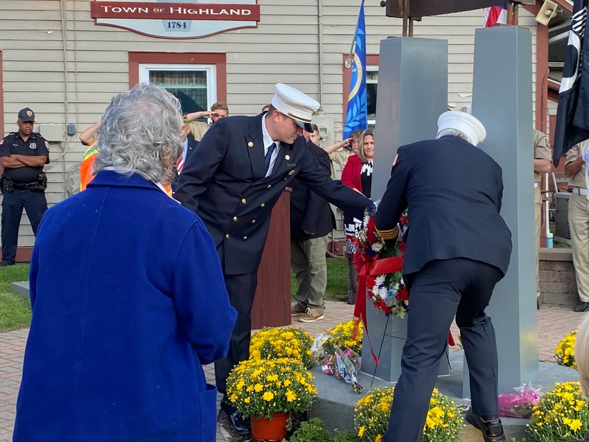 The chiefs of the Yulan and Highland Lake fire departments, constable Marc Anthony, and the captain of the American Legion ambulance  service participated in the ceremonial laying of the wreath at the 9/11 monument in Heroes Park...